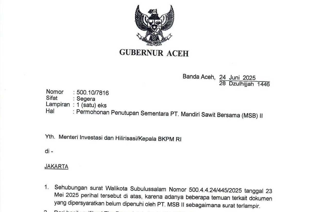 Aceh Governor Requests Temporary Closure of Palm Oil Company PT MSB II in Subulussalam
