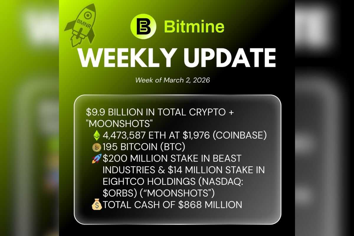 Bitmine Announces ETH Holdings Reach 4.474 Million ETH and Total Crypto and Cash Holdings of $9.9 Billion