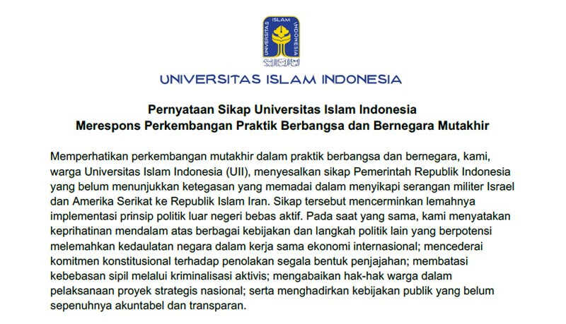 Islamic University of Indonesia Urges Indonesian Government to Condemn Israel-US Attacks on Iran