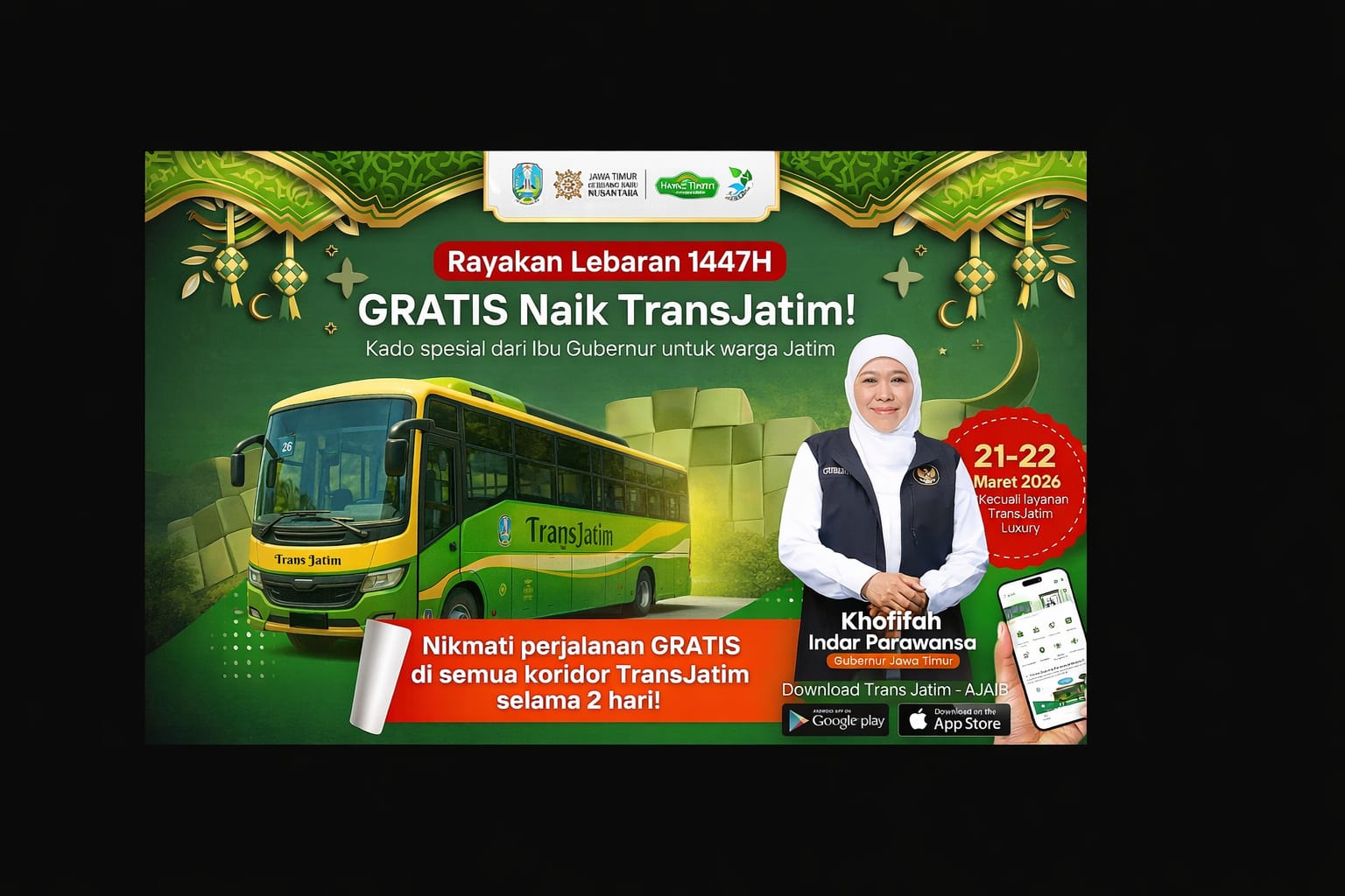 Governor Khofifah Presents Special Eid al-Fitr 1447 H Gift: Free Trans Jatim Public Transport for Two Days