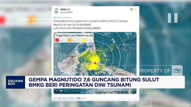 BMKG Lifts Early Tsunami Warning Following M 7.6 Earthquake in North Maluku