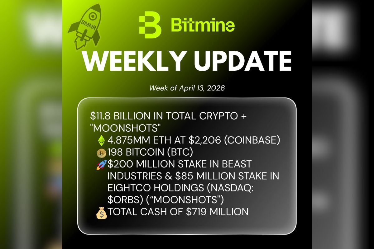 Bitmine Immersion Announces Ownership of 4.875 Million ETH Tokens and Total Crypto Holdings and Cash of $11.8 Billion