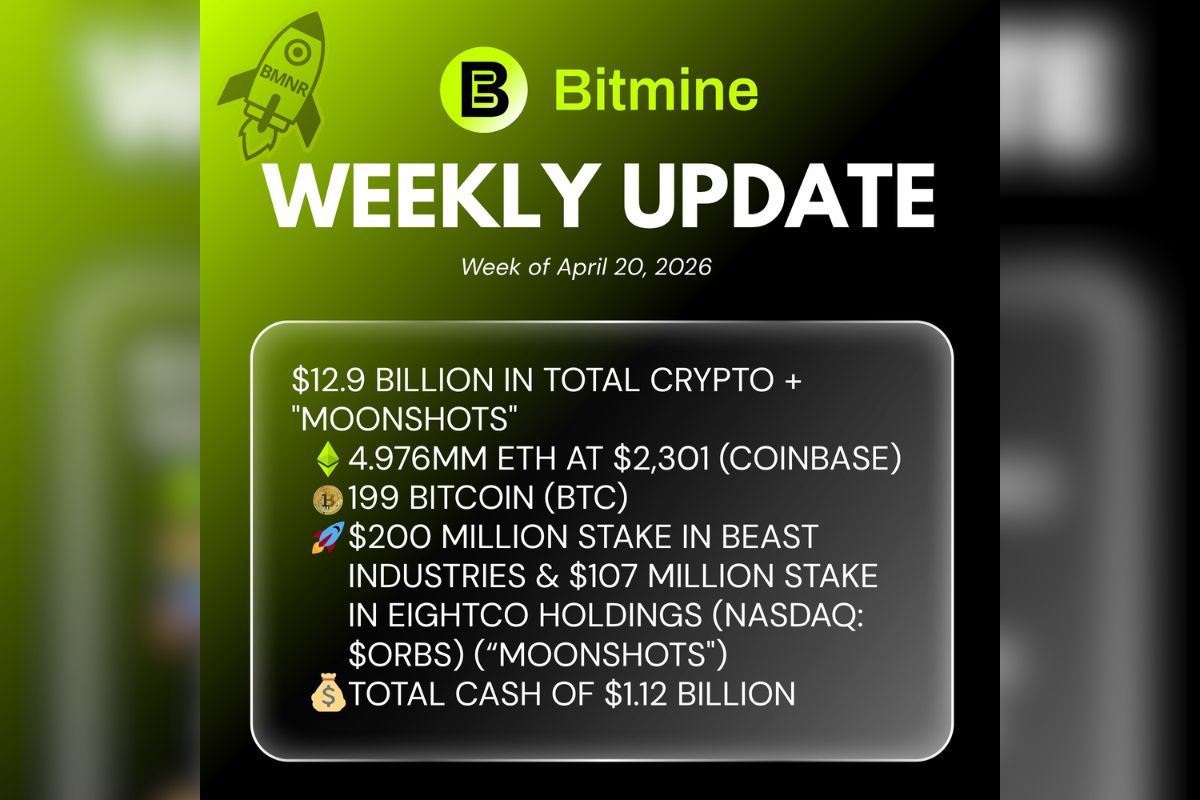 Bitmine Immersion Announces Ownership of 4.976 Million ETH Tokens and Total Crypto and Cash Holdings of $12.9 Billion