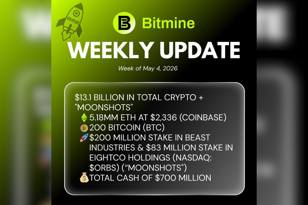 Bitmine Immersion Announces Ownership of 5.18 Million ETH Tokens, and Total Crypto and Cash Holdings of $13.1 Billion