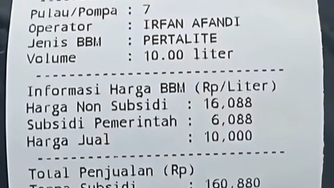 Uproar Over Fuel Receipt Showing True Pertalite Price at Rp16,088/L, Pertamina Responds