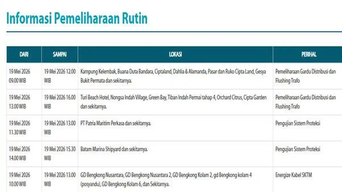 PLN Batam Announces Power Maintenance Today, Tuesday 19 May 2026; Check Locations