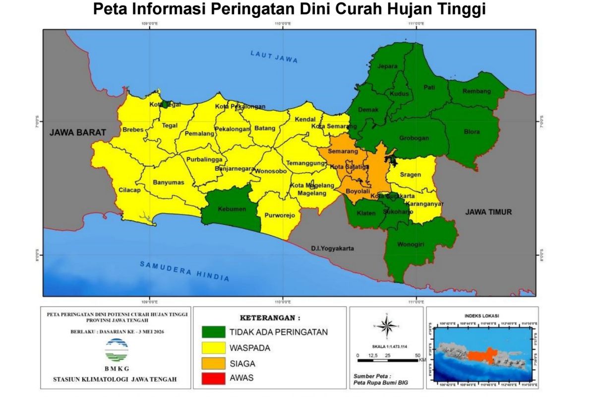 BMKG: Be vigilant for heavy rain in southern Central Java until the end of May