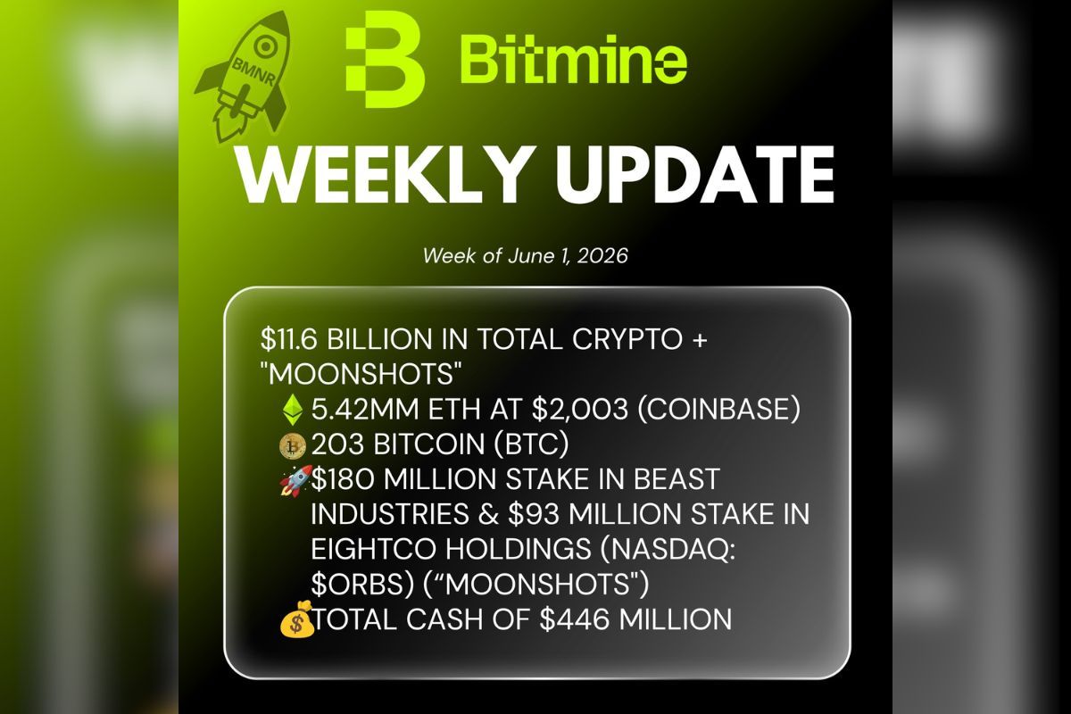 Bitmine Immersion Enables ETH Holdings to Reach 5.42 Million Tokens and Crypto and Cash Holdings of $11.6 Billion