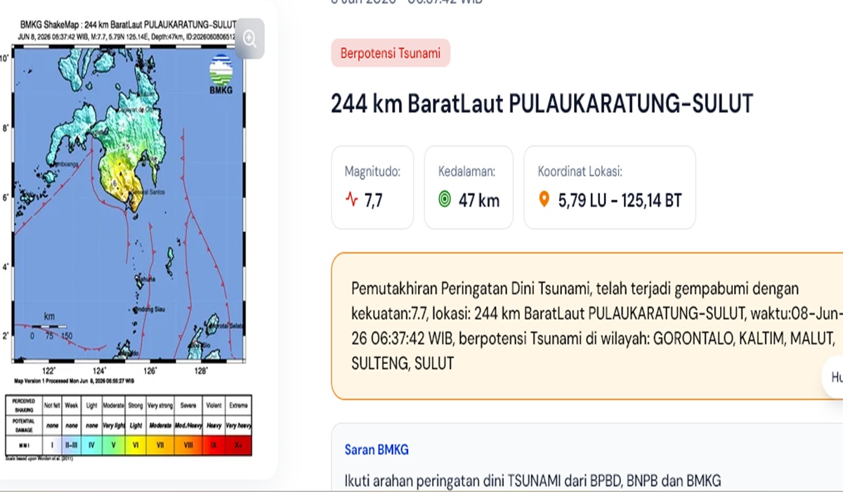 M 7.7 Earthquake in North Sulawesi Triggers Tsunami Potential; BNPB Urges Residents to Follow Evacuation Orders