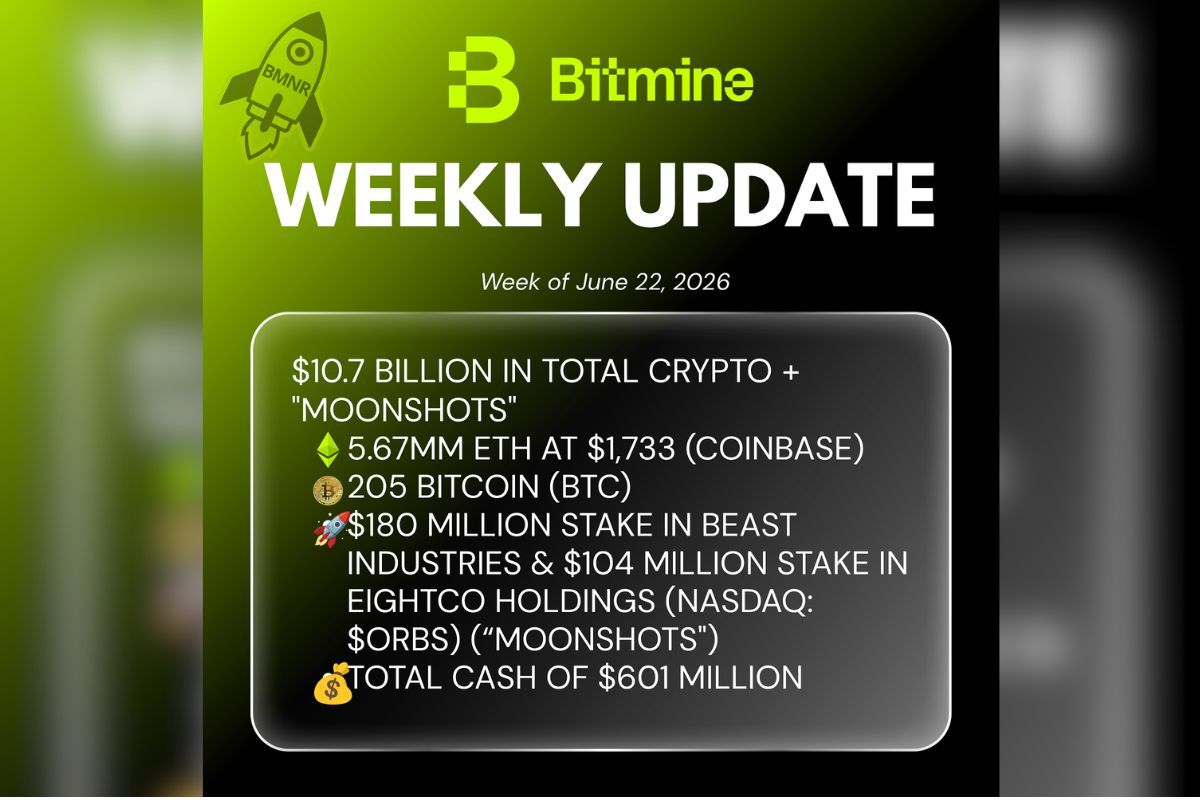 Bitmine Immersion Announces ETH Holdings Reach 5.67 Million Tokens and Total Crypto and Cash Holdings of $10.7 Billion