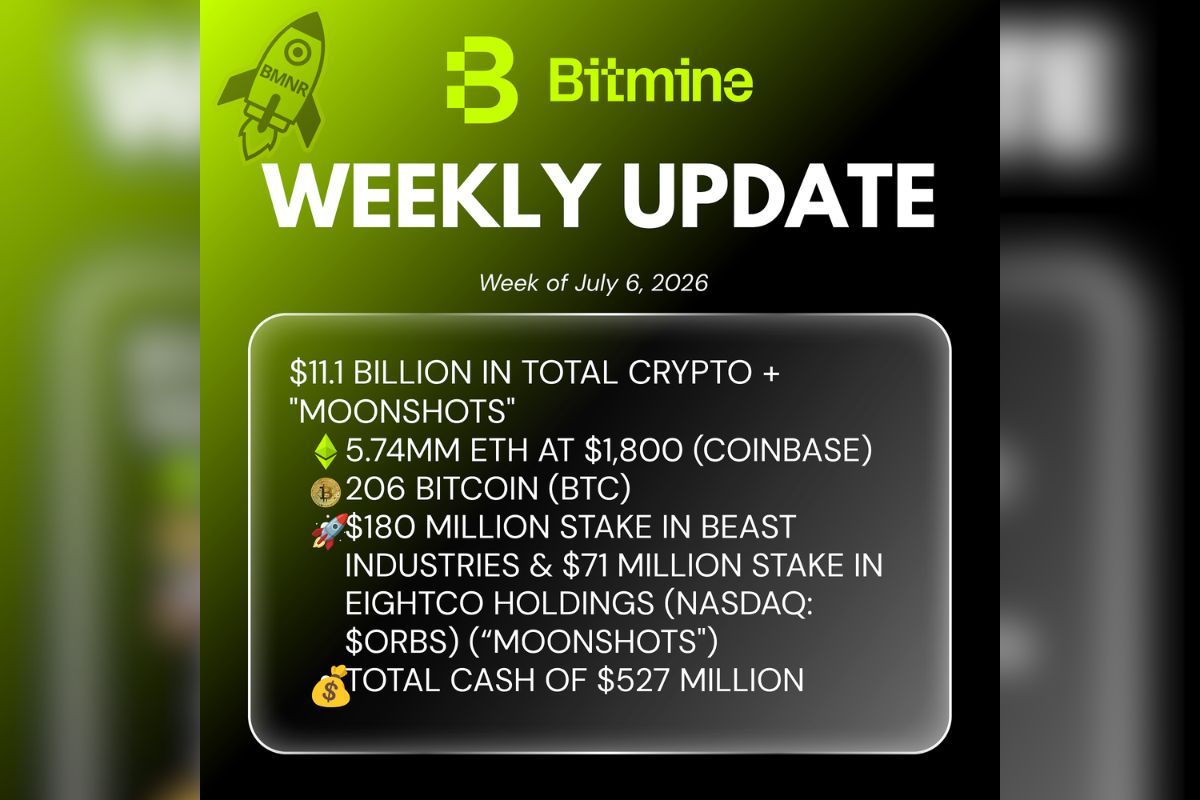 Bitmine Immersion Technologies Reports $11.1 Billion in Total Holdings, Nears 5% of ETH Supply