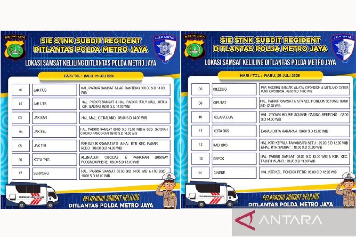 Mobile Samsat Locations in 14 Areas This Wednesday