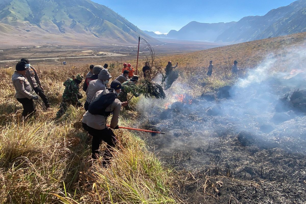 Probolinggo Police Deploy Personnel to Help Extinguish Bromo Forest Fire